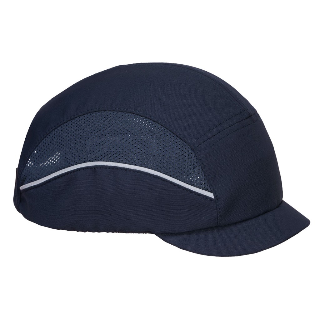 A navy blue bump cap with a lightweight internal protective shell, designed to protect against minor head bumps and scrapes.