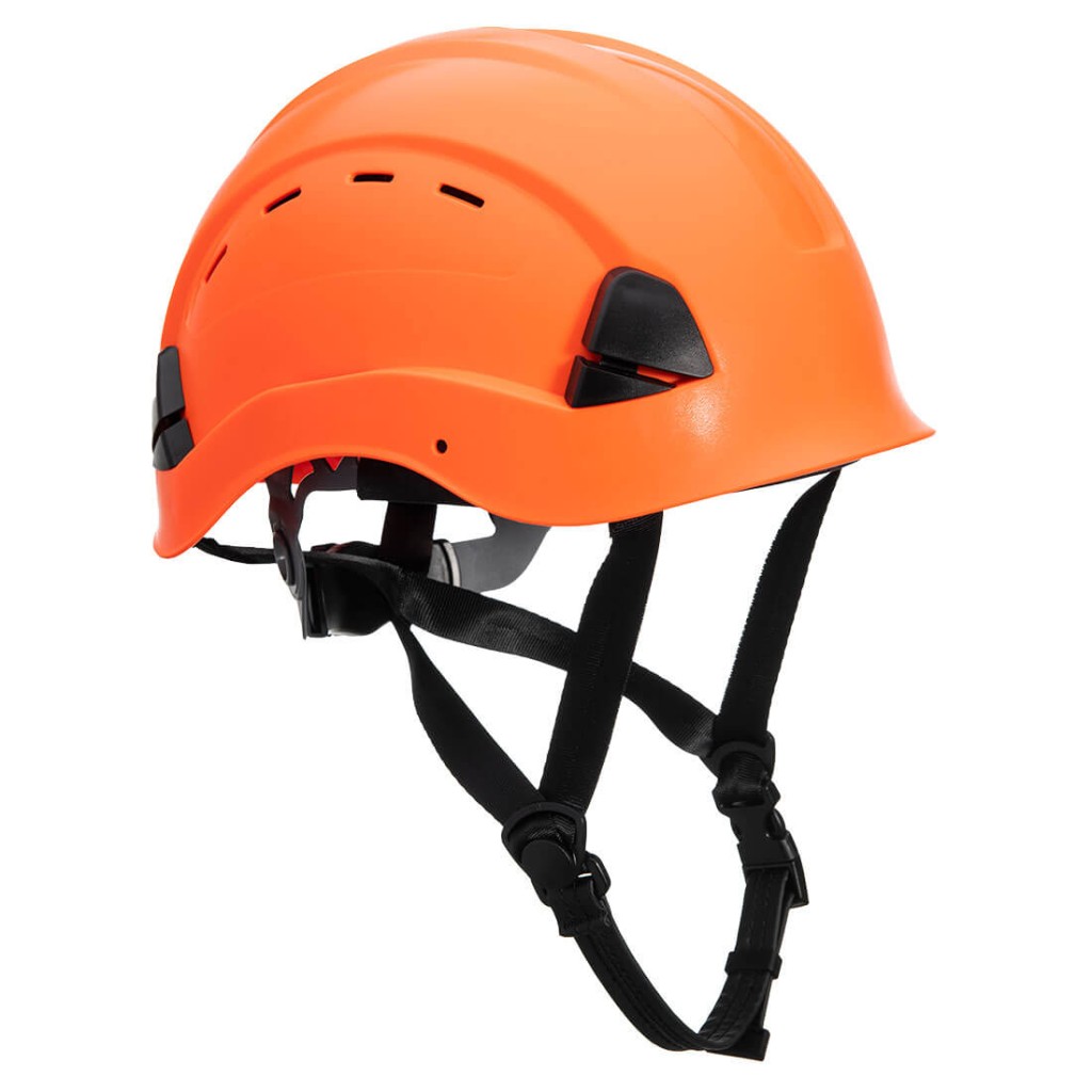 A orange safety helmet with an adjustable suspension harness and ventilation slots, providing impact protection on construction sites.