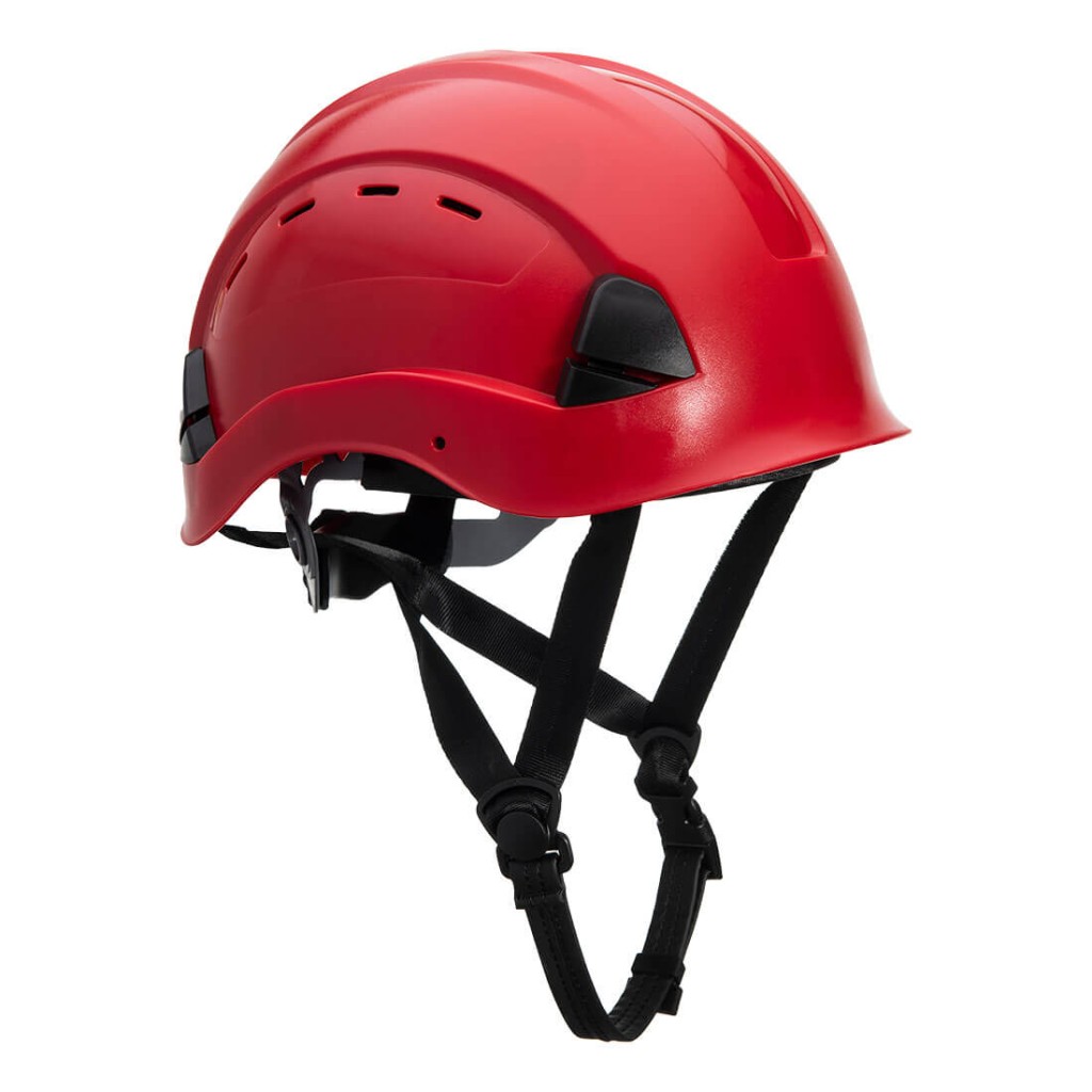 A red safety helmet with an adjustable suspension harness and ventilation slots, providing impact protection on construction sites.