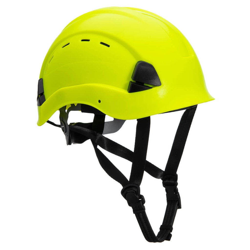 A yellow safety helmet with an adjustable suspension harness and ventilation slots, providing impact protection on construction sites.