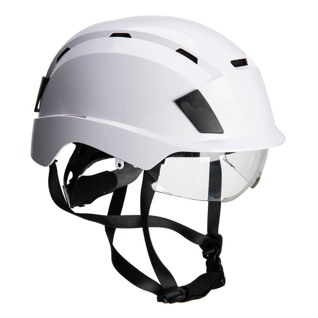 A white safety helmet with an adjustable suspension harness and ventilation slots, providing impact protection on construction sites.
