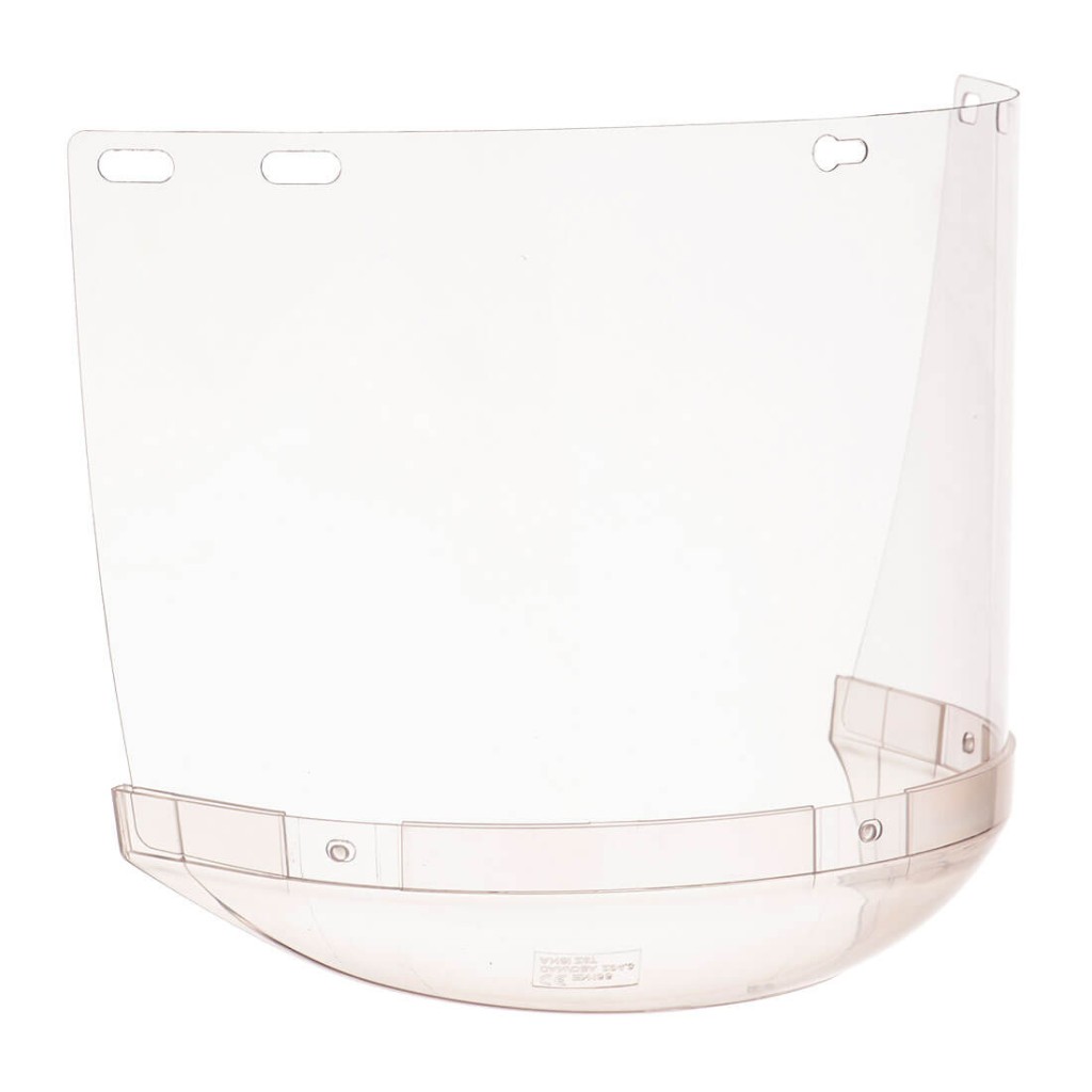 A protective face visor with a clear scratch-resistant polycarbonate shield and adjustable headband, offering full-face protection during grinding or chemical handling.