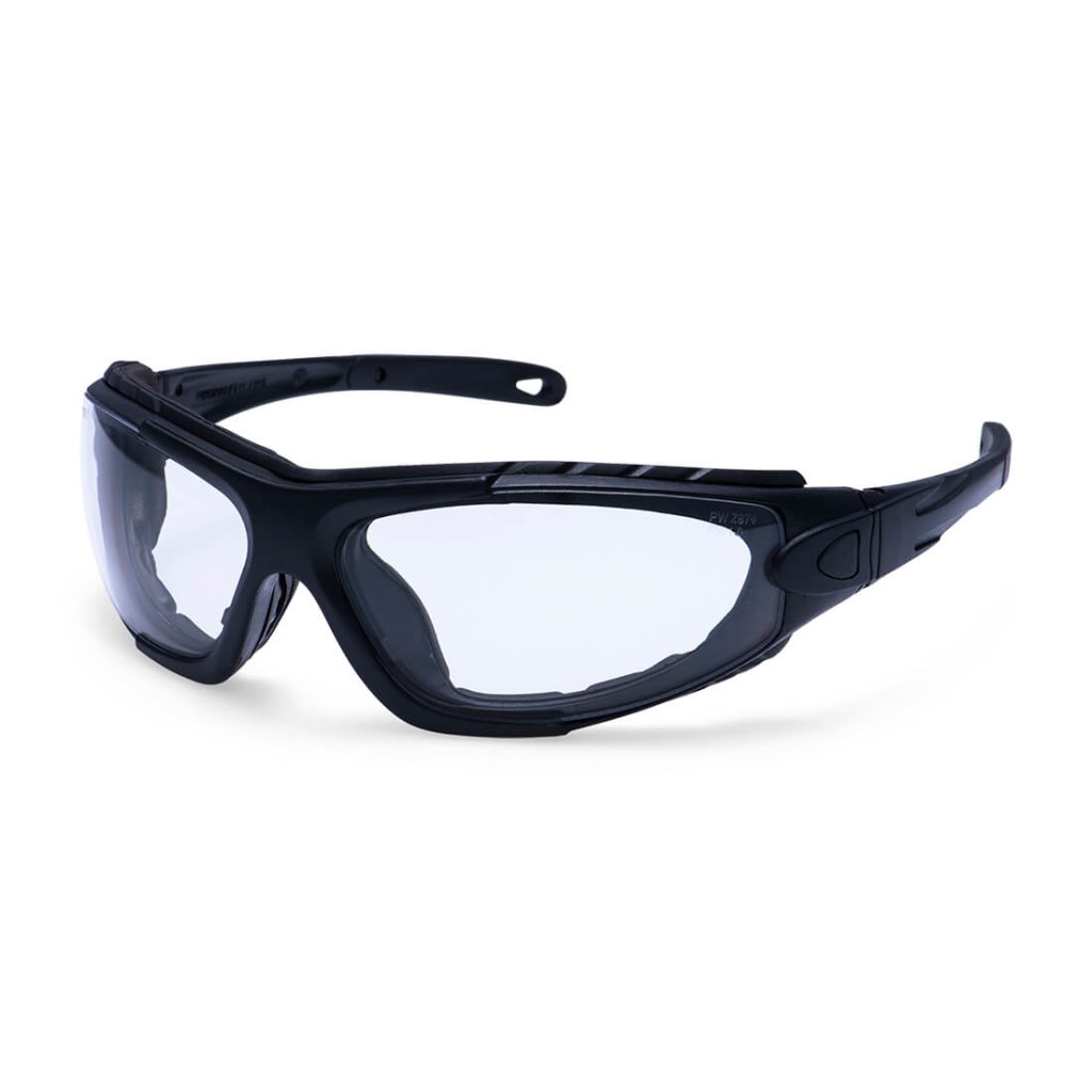 A pair of safety spectacles with clear impact-resistant lenses and adjustable side arms, for eye protection during site work.
