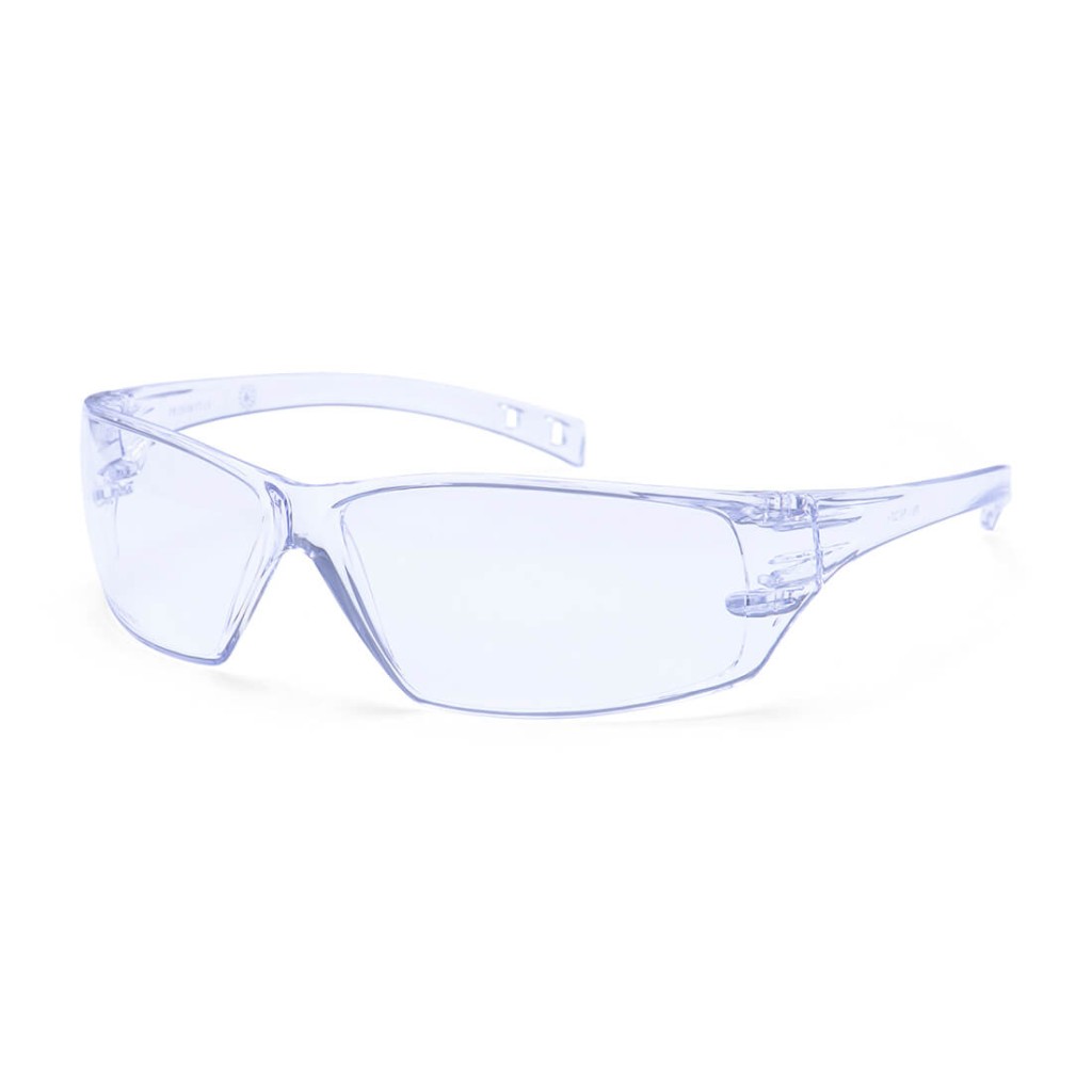A pair of safety spectacles with clear impact-resistant lenses and adjustable side arms, for eye protection during site work.
