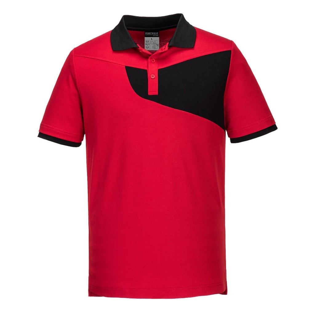 A red polo shirt designed for use on construction sites and in industrial work environments.,