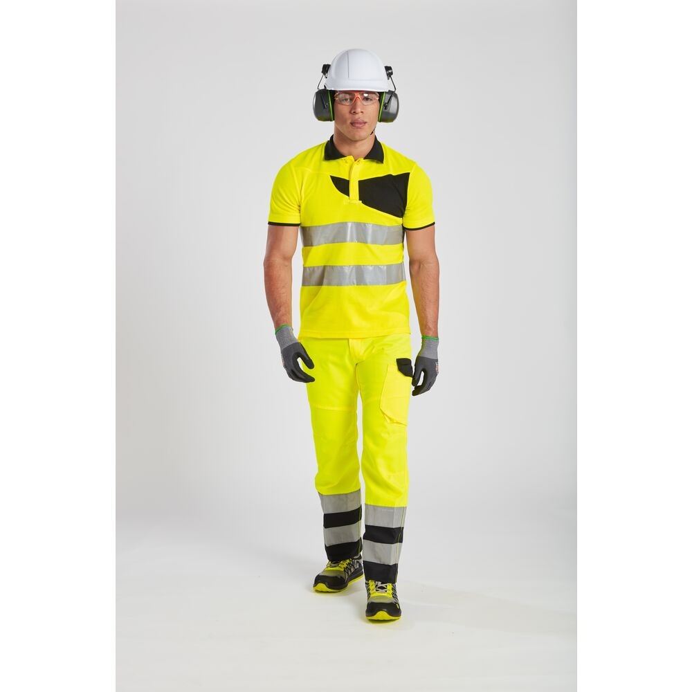 A high-visibility yellow polo shirt featuring retroreflective tape panels, suitable for a wide range of outdoor and site work applications.