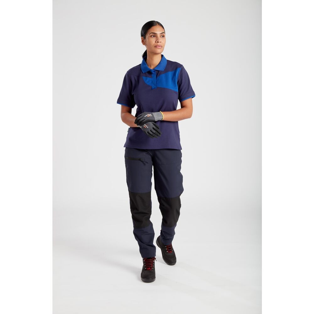 A women's navy blue polo shirt designed for use on construction sites and in industrial work environments.,