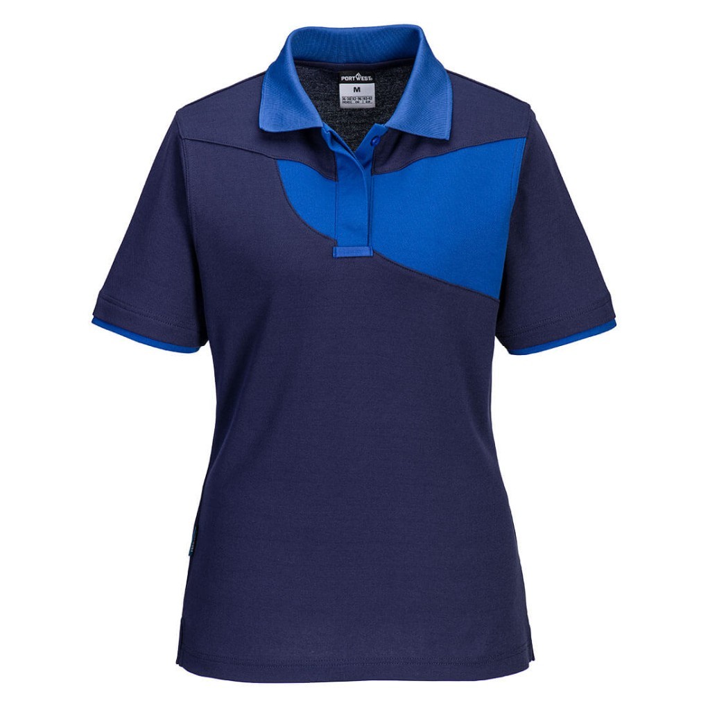 A women's navy blue polo shirt designed for use on construction sites and in industrial work environments.,