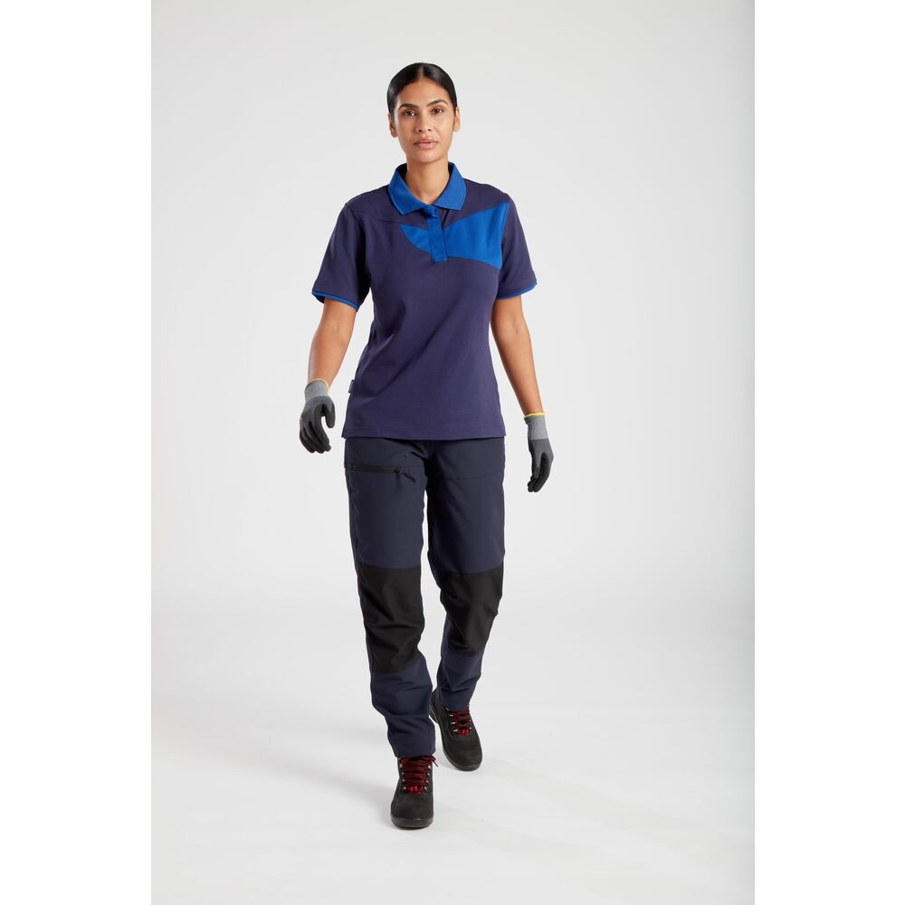 A women's navy blue polo shirt designed for use on construction sites and in industrial work environments.,