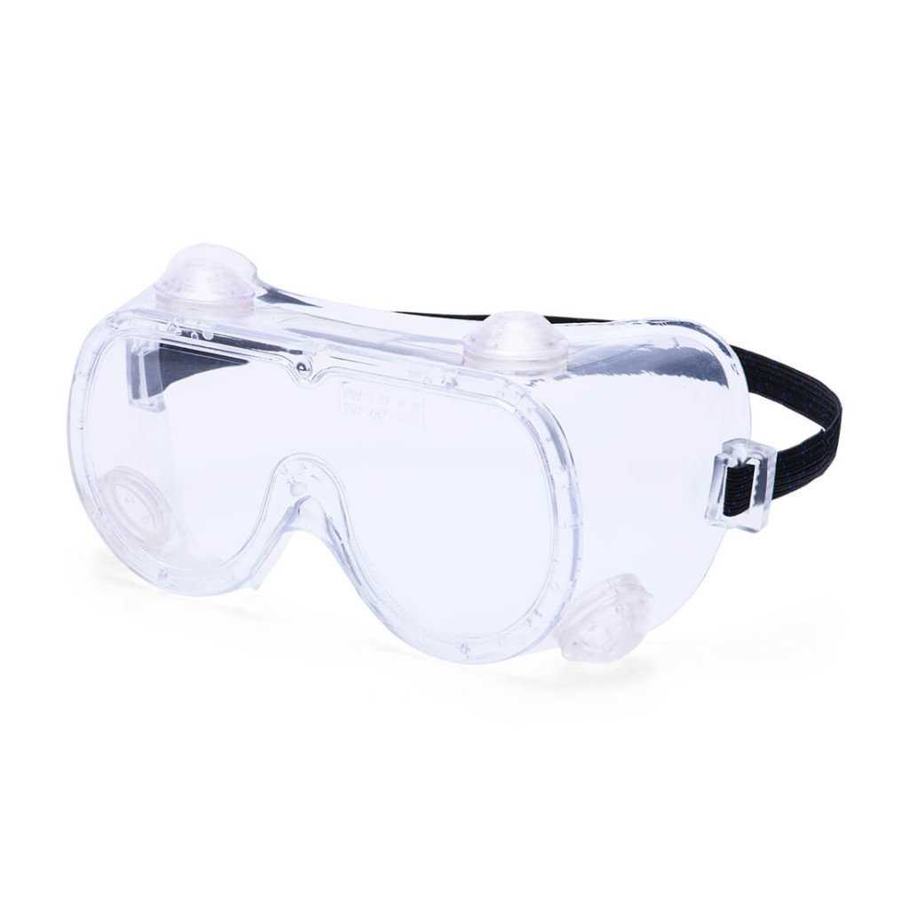 A pair of safety goggles with clear anti-fog lenses and a ventilated PVC frame, offering eye protection against dust and splashes.