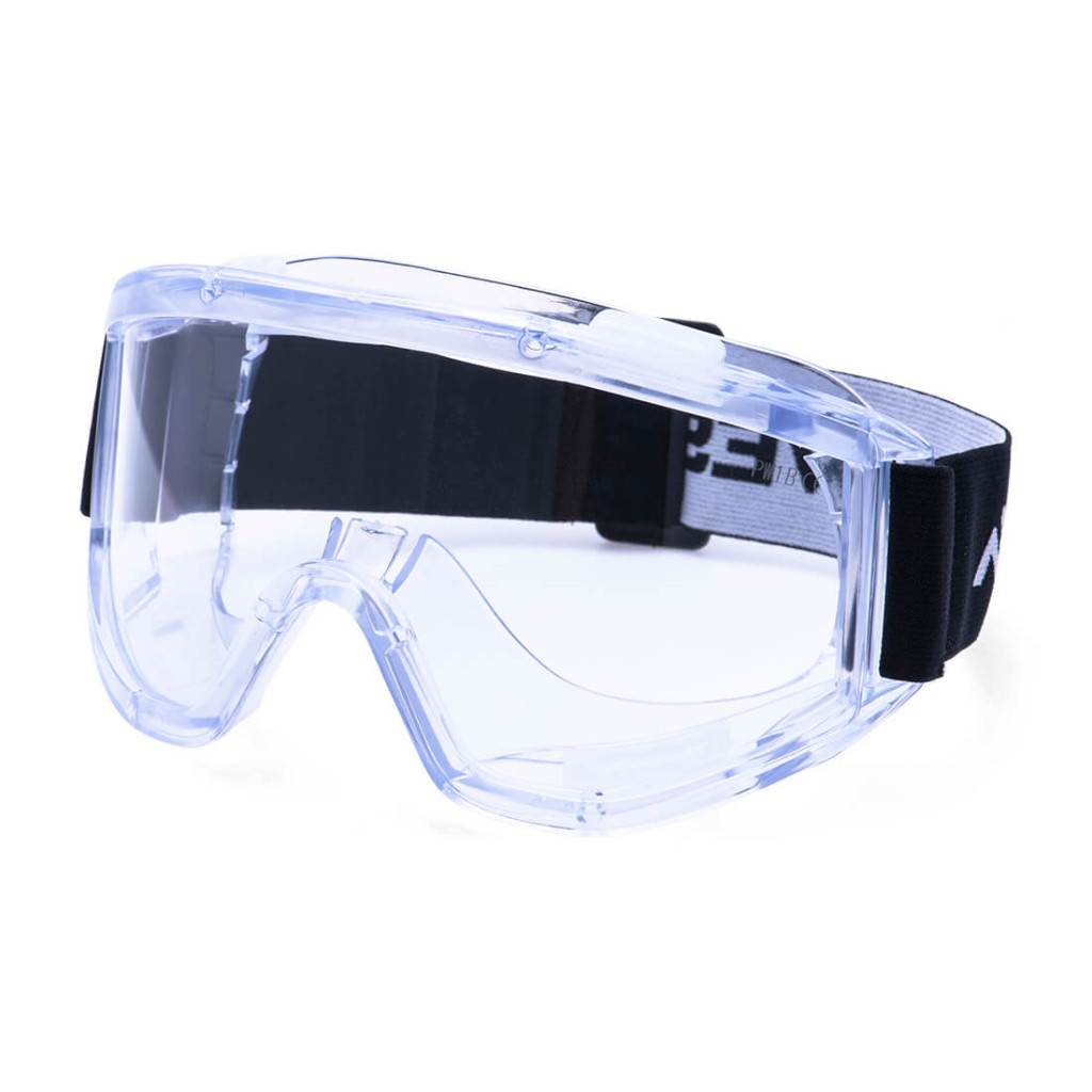 A pair of safety goggles with clear anti-fog lenses and a ventilated PVC frame, offering eye protection against dust and splashes.