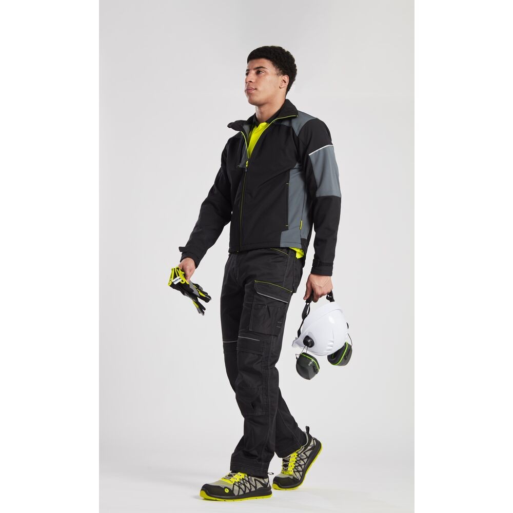 A pair of black work trousers featuring stretch panels for ease of movement, suitable for a wide range of outdoor and site work applications.