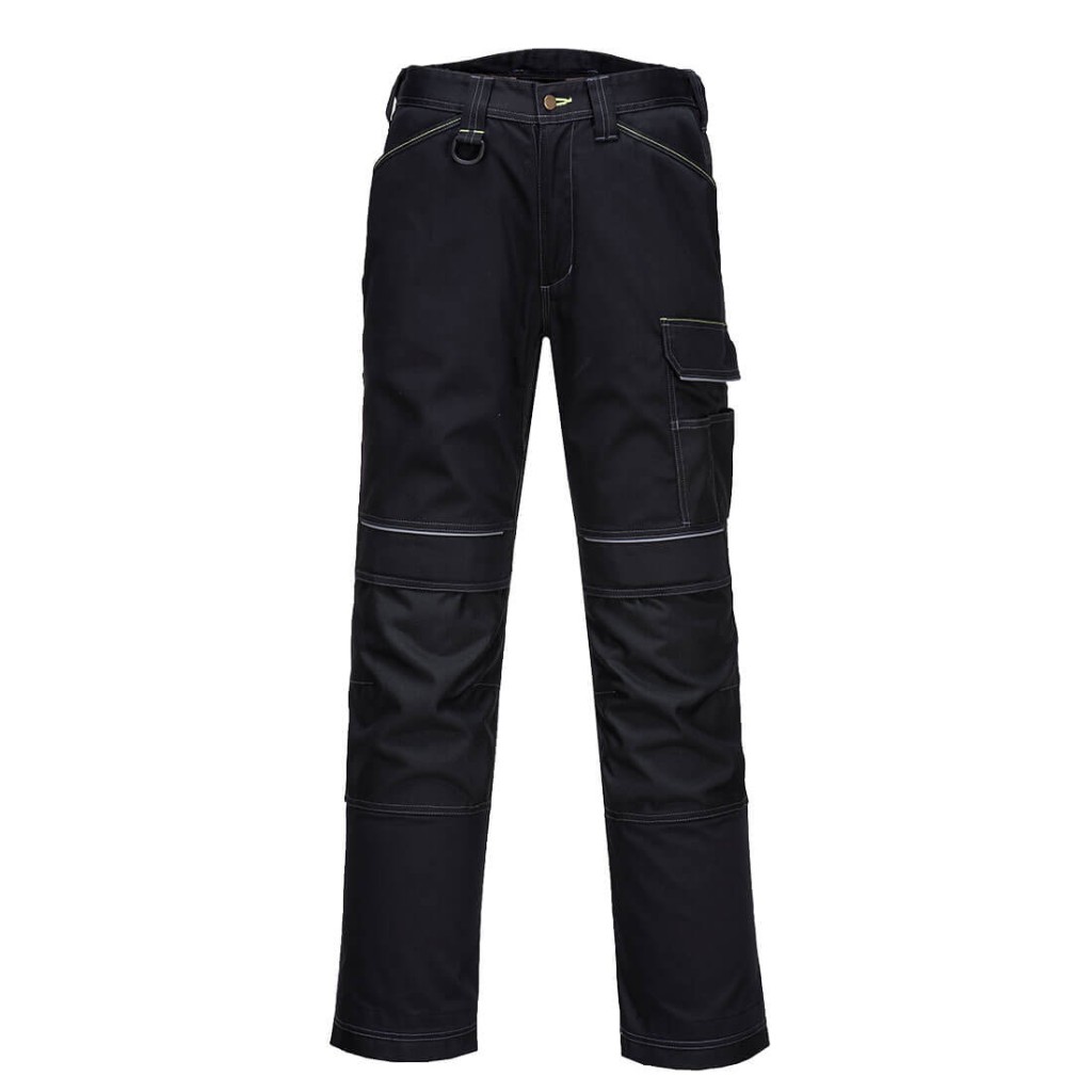 A pair of black work trousers featuring stretch panels for ease of movement, suitable for a wide range of outdoor and site work applications.