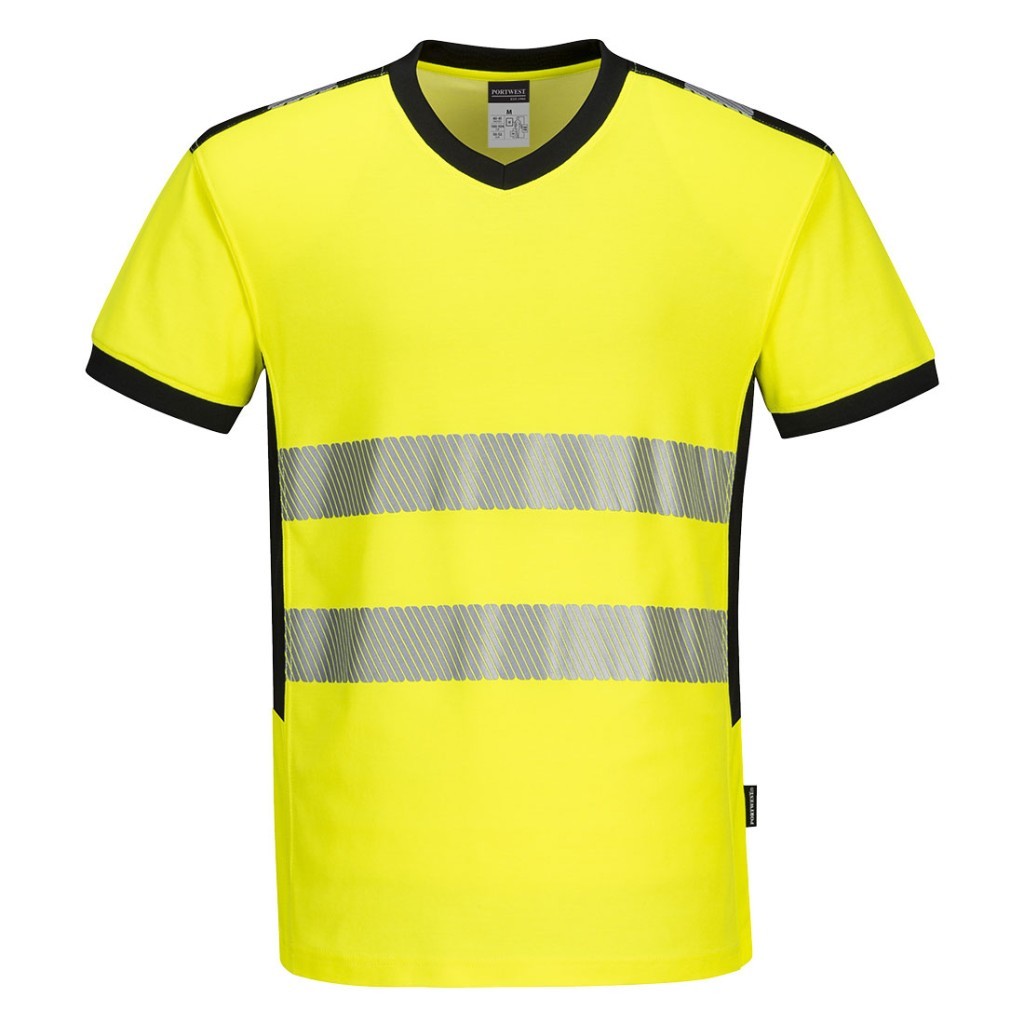 A high-visibility yellow work shirt featuring retroreflective tape panels, suitable for a wide range of outdoor and site work applications.