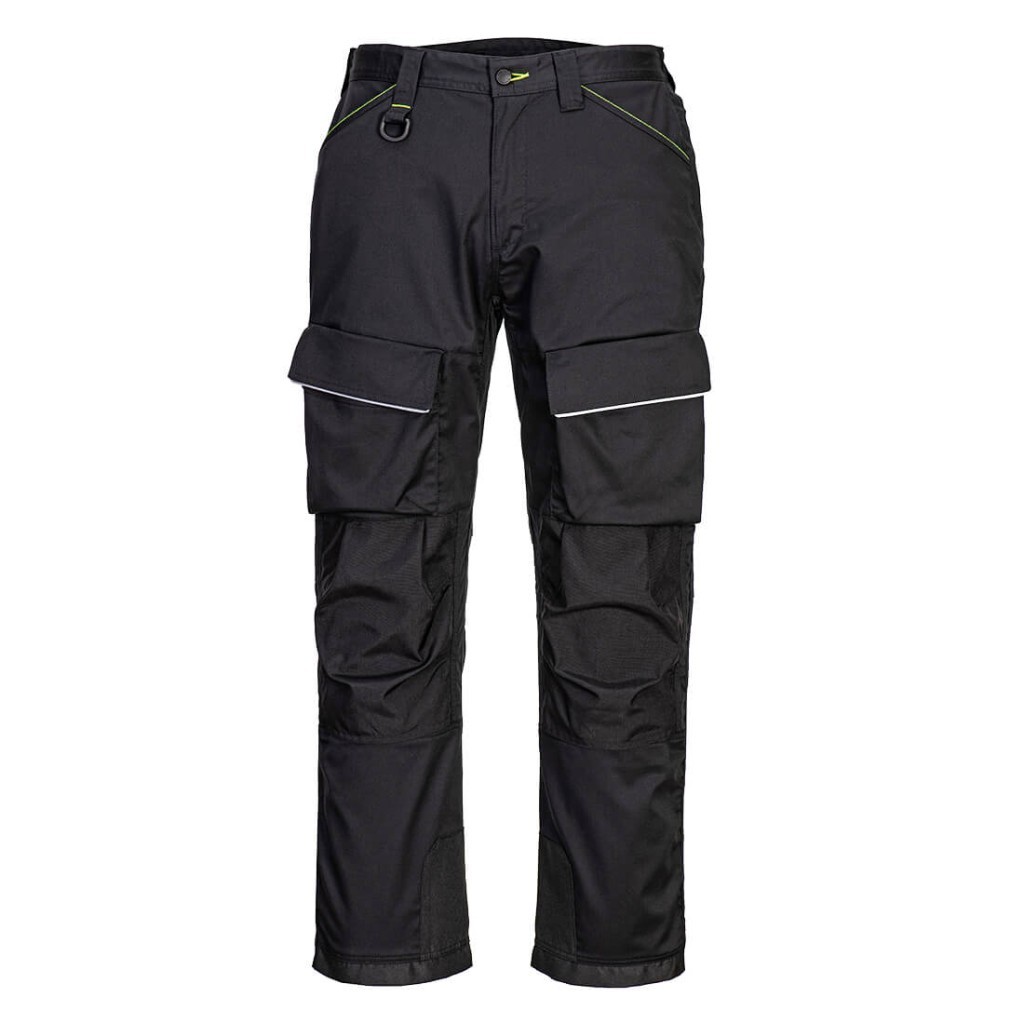 A pair of black work trousers designed for use on construction sites and in industrial work environments.,