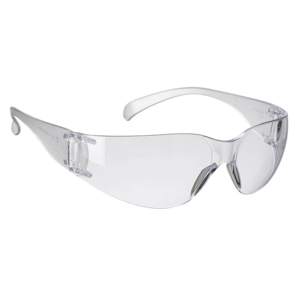 A pair of safety spectacles with clear impact-resistant lenses and adjustable side arms, for eye protection during site work.