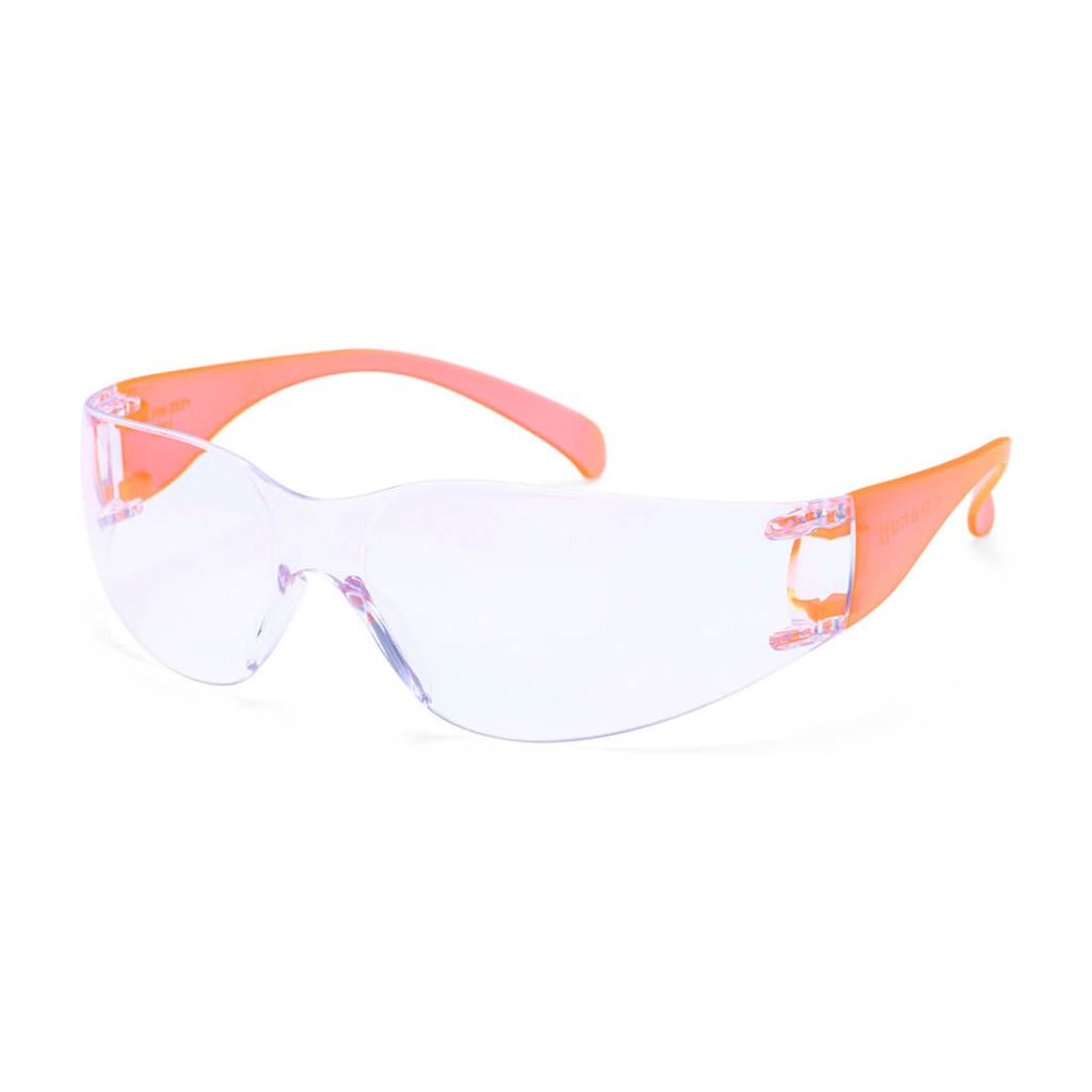 A pair of safety spectacles with orange impact-resistant lenses and adjustable side arms, for eye protection during site work.