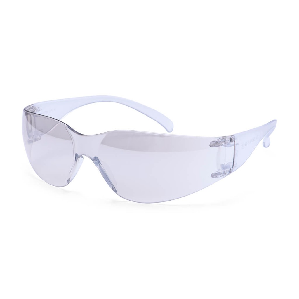 A pair of safety spectacles with clear impact-resistant lenses and adjustable side arms, for eye protection during site work.