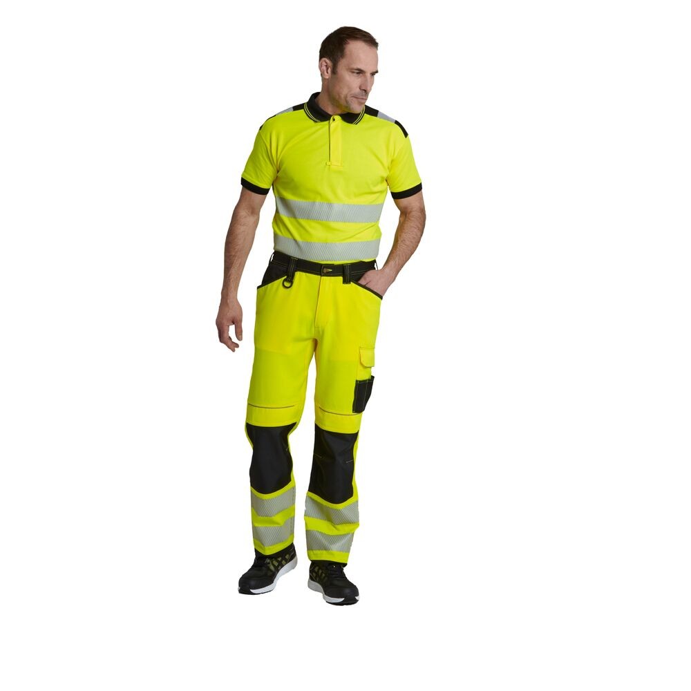 A pair of high-visibility yellow trousers featuring retroreflective tape panels, suitable for a wide range of outdoor and site work applications.