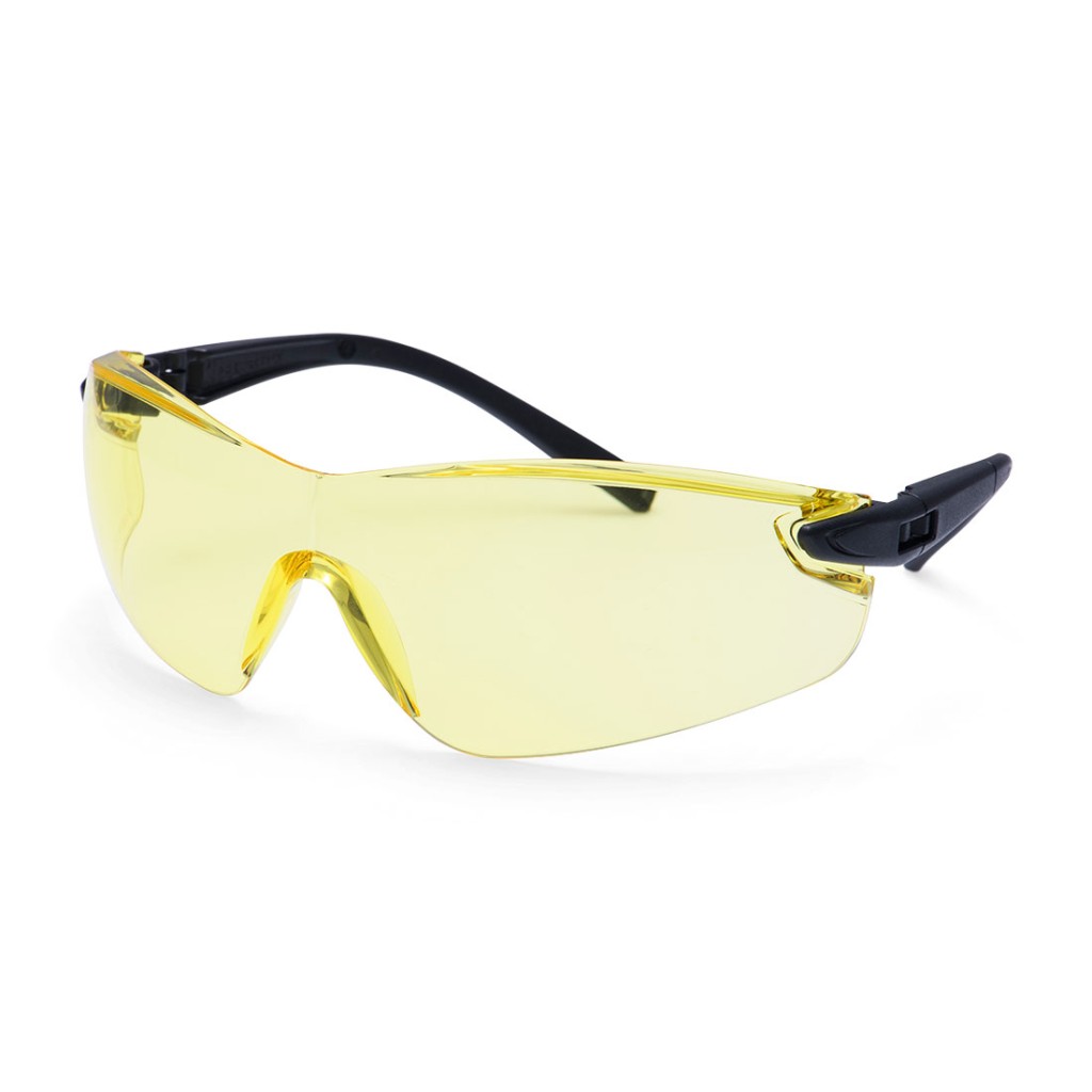 A pair of safety spectacles with clear impact-resistant lenses and adjustable side arms, for eye protection during site work.