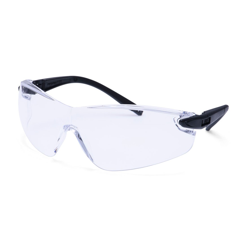 A pair of safety spectacles with clear impact-resistant lenses and adjustable side arms, for eye protection during site work.