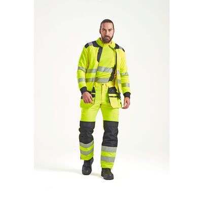 A pair of high-visibility yellow trousers featuring retroreflective tape panels, suitable for a wide range of outdoor and site work applications.