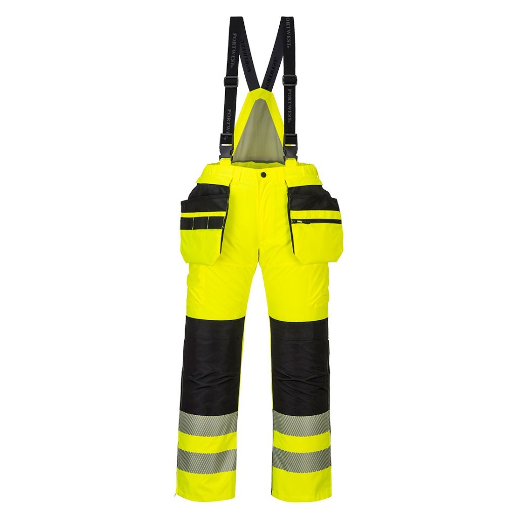 A pair of high-visibility yellow trousers featuring retroreflective tape panels, suitable for a wide range of outdoor and site work applications.