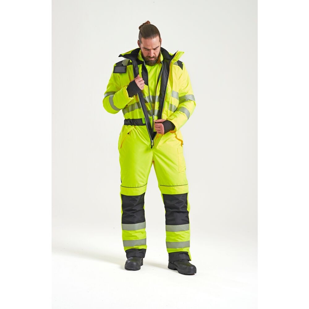 A high-visibility yellow coverall featuring retroreflective tape panels, suitable for a wide range of outdoor and site work applications.