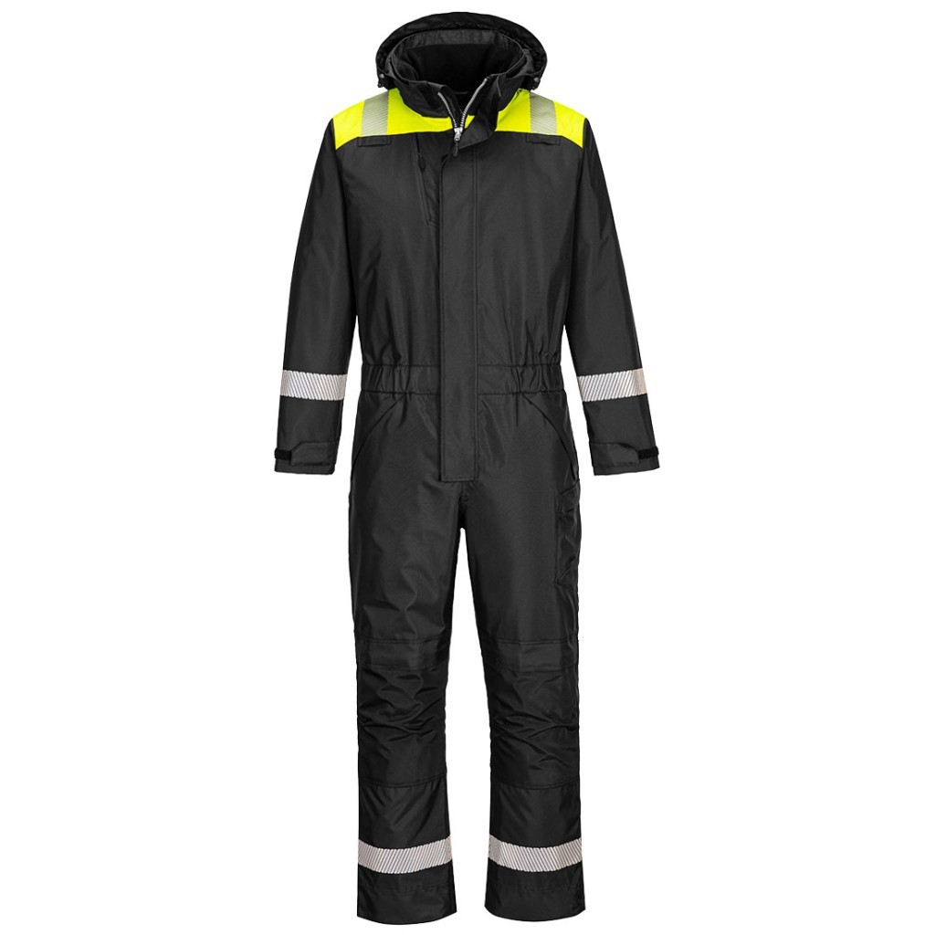 A black coverall designed for use on construction sites and in industrial work environments.,