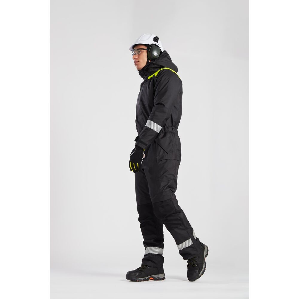 A black coverall designed for use on construction sites and in industrial work environments.,