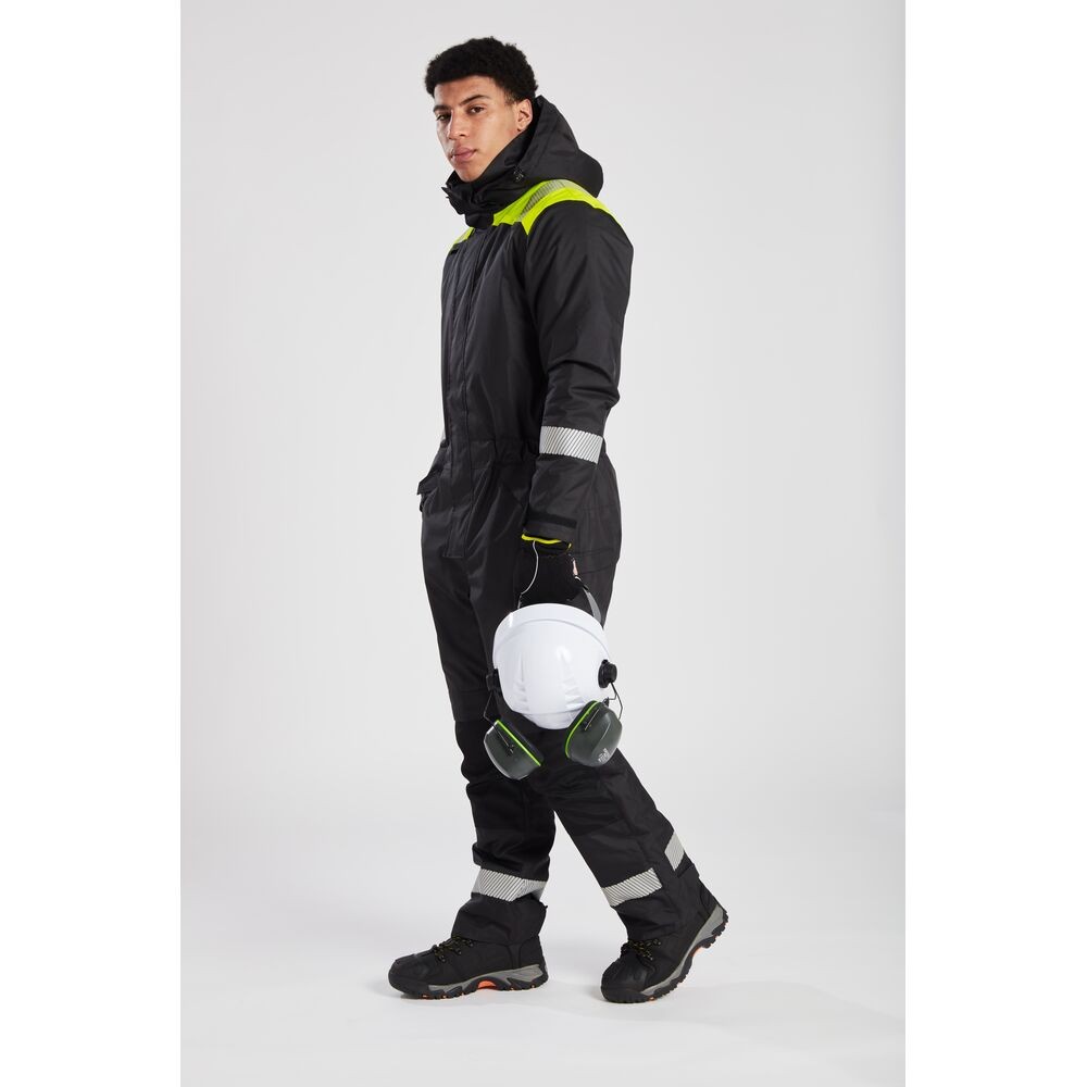 A black coverall designed for use on construction sites and in industrial work environments.,