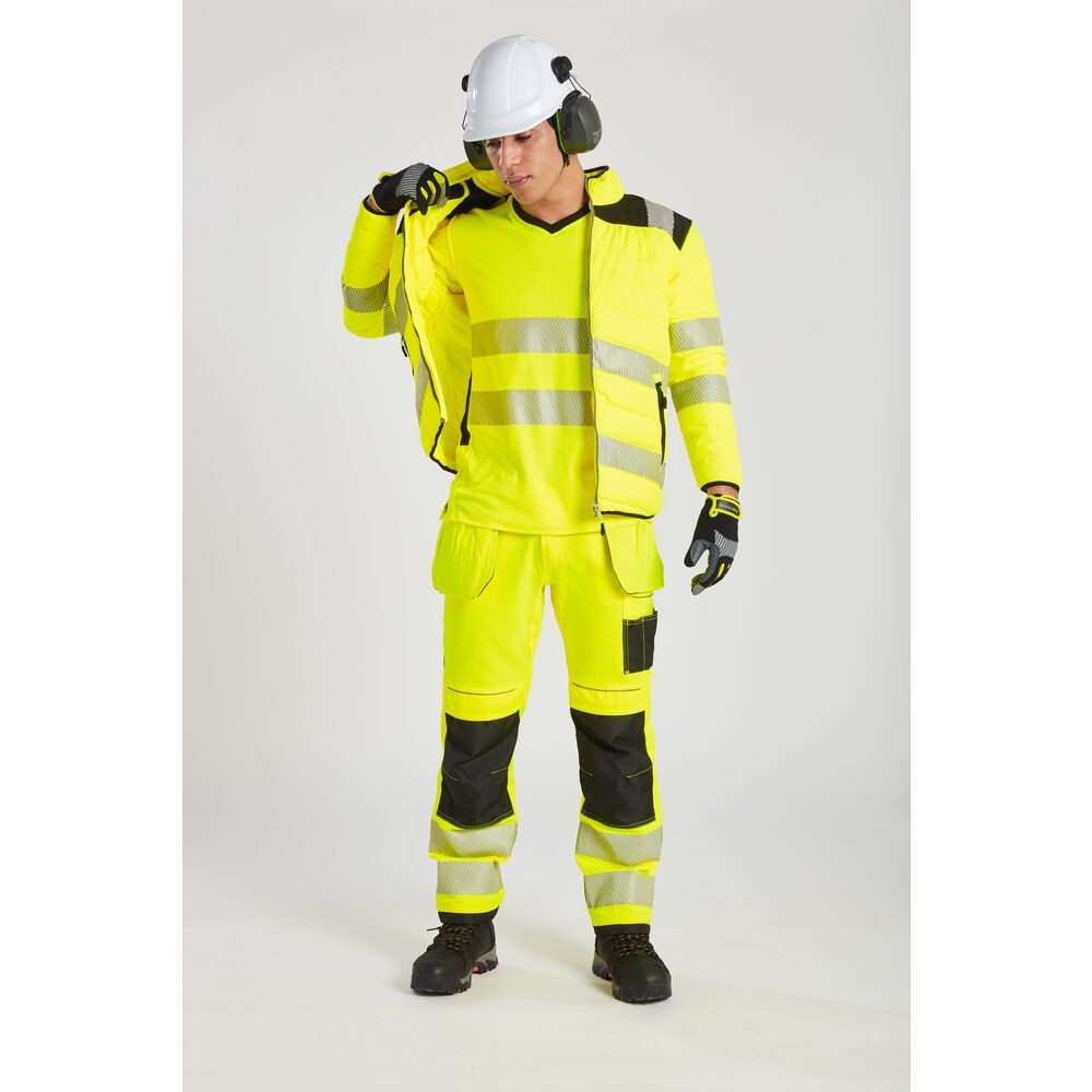 A high-visibility yellow jacket featuring retroreflective tape panels, suitable for a wide range of outdoor and site work applications.