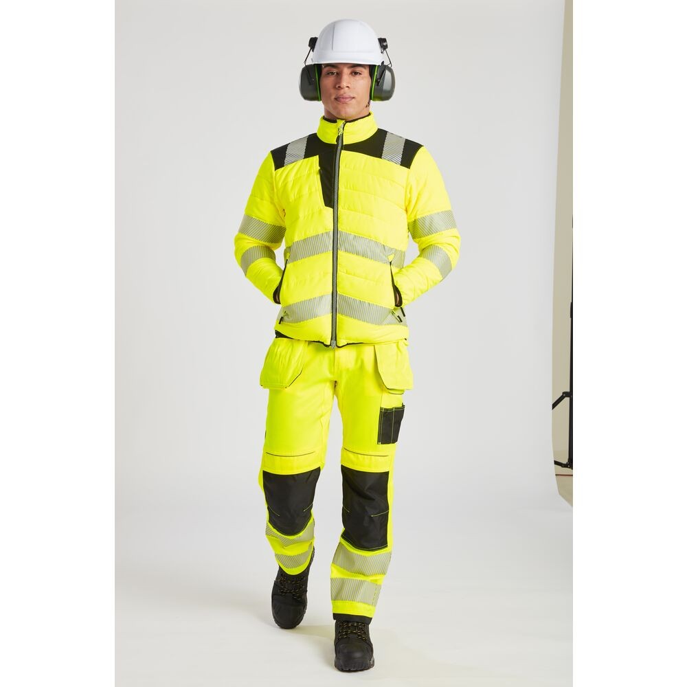 A high-visibility yellow jacket featuring retroreflective tape panels, suitable for a wide range of outdoor and site work applications.