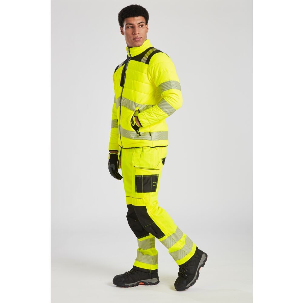 A high-visibility yellow jacket featuring retroreflective tape panels, suitable for a wide range of outdoor and site work applications.