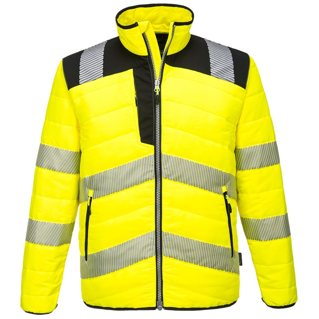 A high-visibility yellow jacket featuring retroreflective tape panels, suitable for a wide range of outdoor and site work applications.