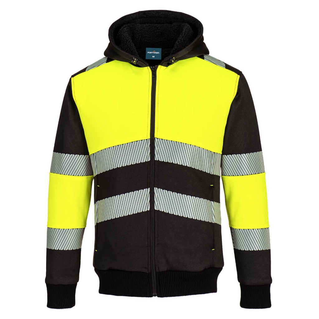 A high-visibility yellow sweatshirt featuring retroreflective tape panels, a full-length zip front, suitable for a wide range of outdoor and site work applications.