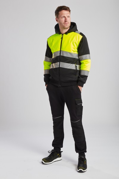 A high-visibility yellow sweatshirt featuring retroreflective tape panels, a full-length zip front, suitable for a wide range of outdoor and site work applications.
