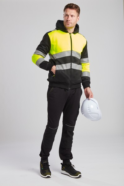 A high-visibility yellow sweatshirt featuring retroreflective tape panels, a full-length zip front, suitable for a wide range of outdoor and site work applications.