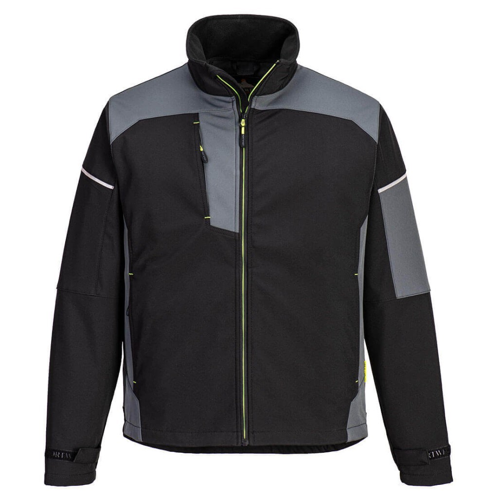 A black softshell jacket designed for use on construction sites and in industrial work environments.,