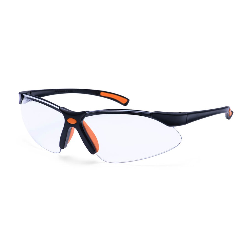 A pair of safety spectacles with orange impact-resistant lenses and adjustable side arms, for eye protection during site work.