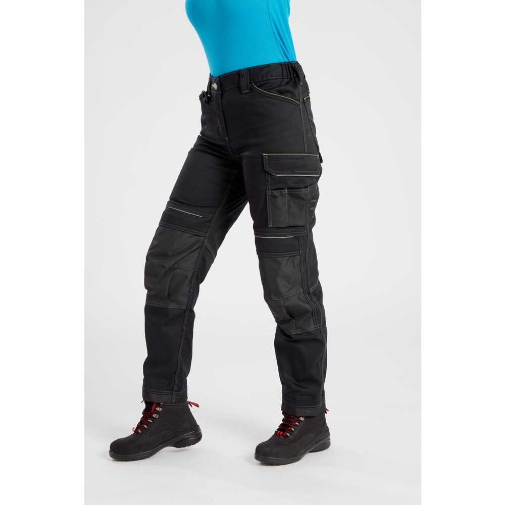 A pair of women's black work trousers featuring stretch panels for ease of movement, suitable for a wide range of outdoor and site work applications.