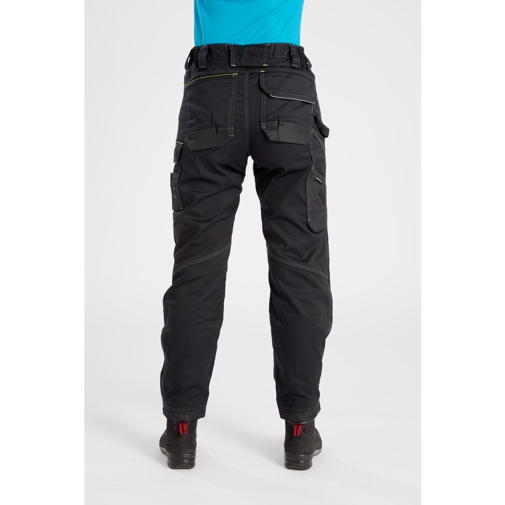 A pair of women's black work trousers featuring stretch panels for ease of movement, suitable for a wide range of outdoor and site work applications.