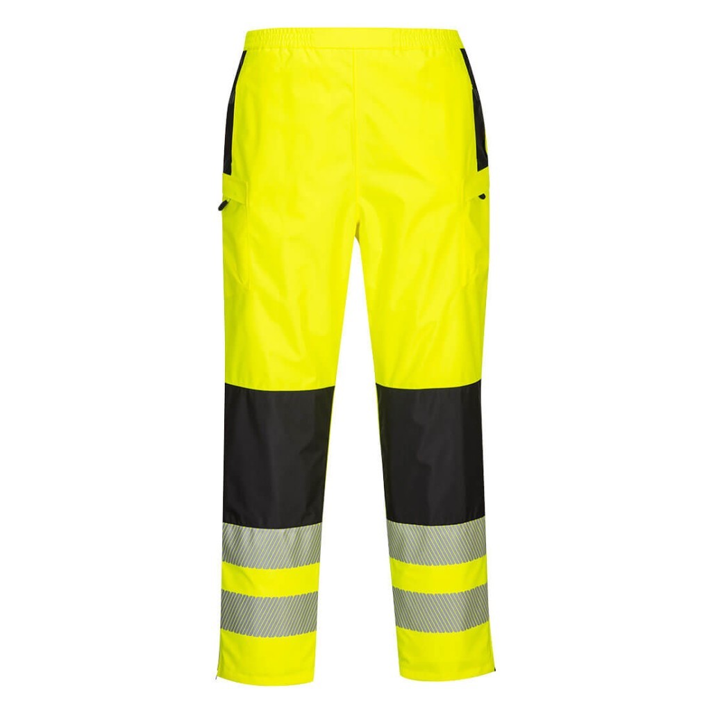 A pair of women's high-visibility yellow trousers featuring retroreflective tape panels, suitable for a wide range of outdoor and site work applications.