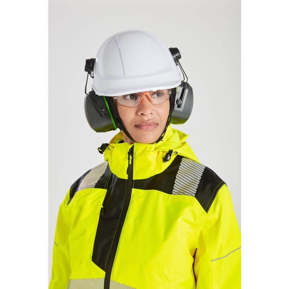 A women's high-visibility yellow waterproof jacket featuring retroreflective tape panels, suitable for a wide range of outdoor and site work applications.