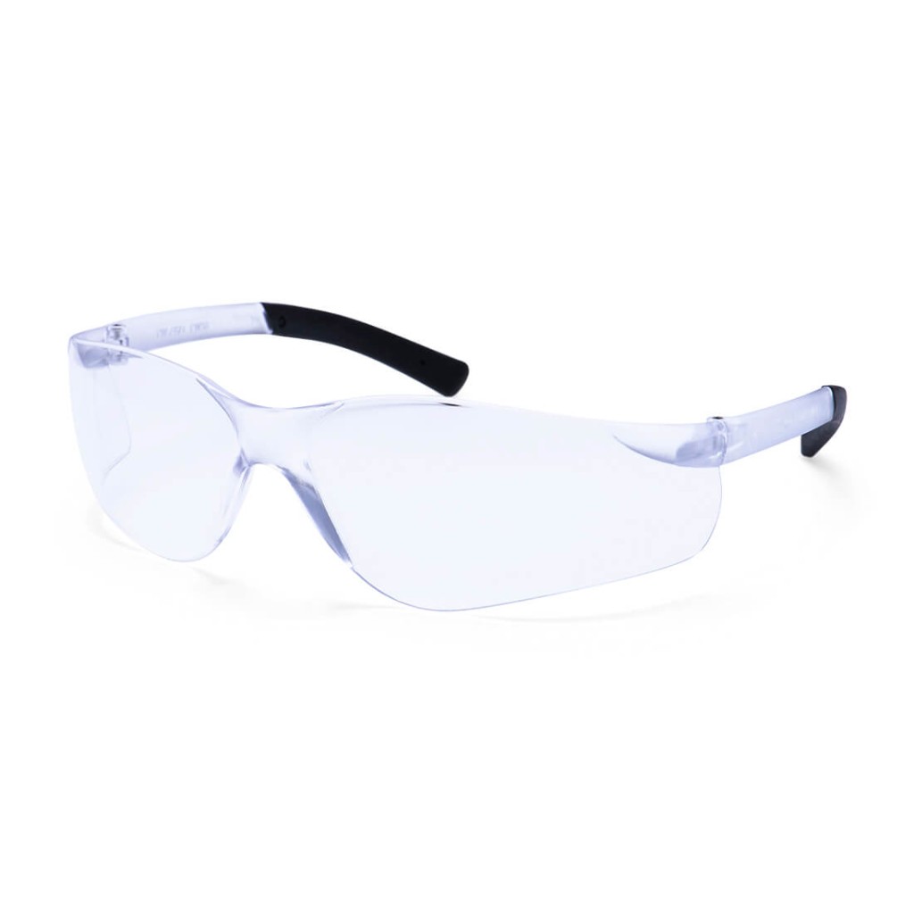 A pair of safety spectacles with clear impact-resistant lenses and adjustable side arms, for eye protection during site work.