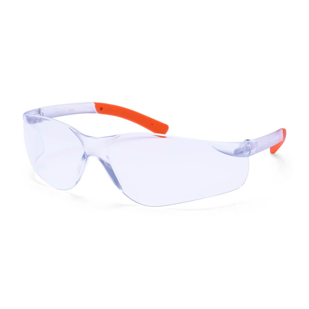 A pair of safety spectacles with orange impact-resistant lenses and adjustable side arms, for eye protection during site work.