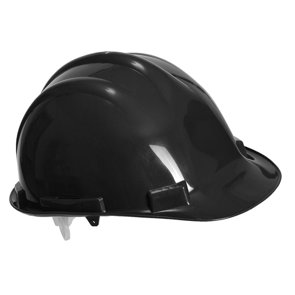 A black safety helmet with an adjustable suspension harness and ventilation slots, providing impact protection on construction sites.