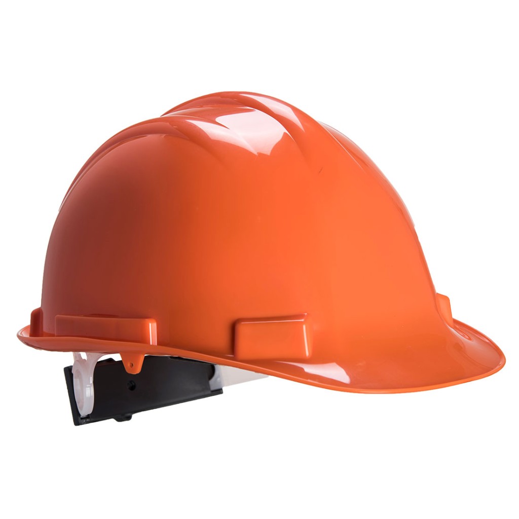 A orange safety helmet with an adjustable suspension harness and ventilation slots, providing impact protection on construction sites.