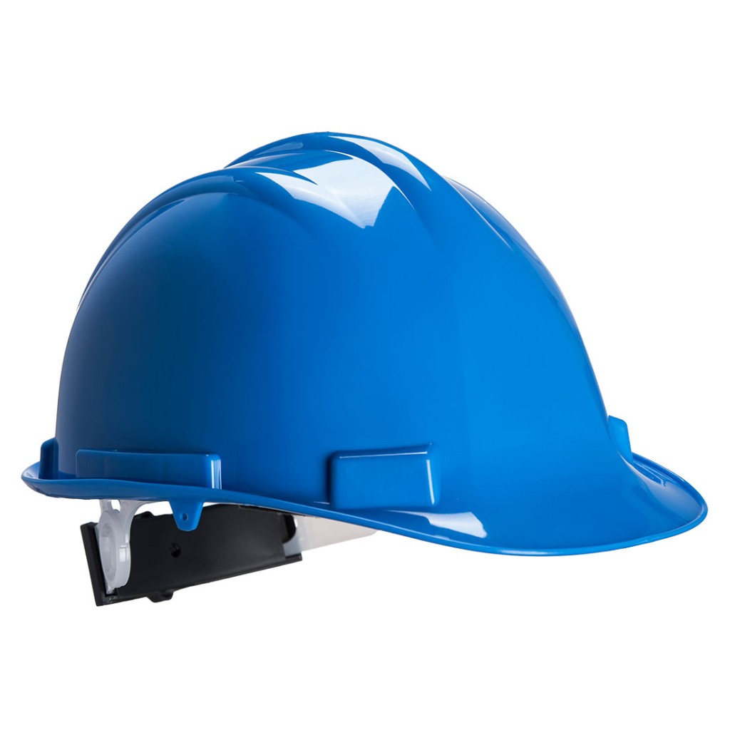 A blue safety helmet with an adjustable suspension harness and ventilation slots, providing impact protection on construction sites.