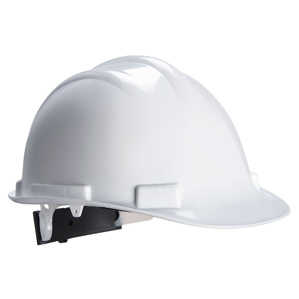 A white safety helmet with an adjustable suspension harness and ventilation slots, providing impact protection on construction sites.